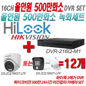 [올인원-5M] DVR216QM1 16CH + 하이크비전 500만화소 24시간 야간칼라 카메라 12개 SET (실내형/실외형 3.6mm 출고)